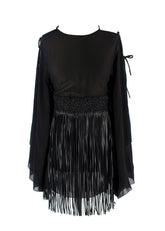 Christian Dior black silk and leather fringe tunic mini dress